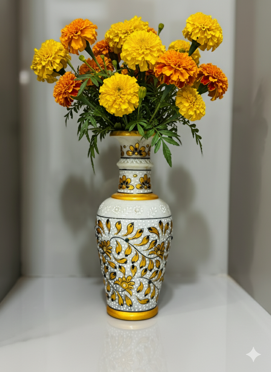 Handcrafted White Marble Flower Vase with Traditional Rajasthani Artwork - Stonex Handicrafts