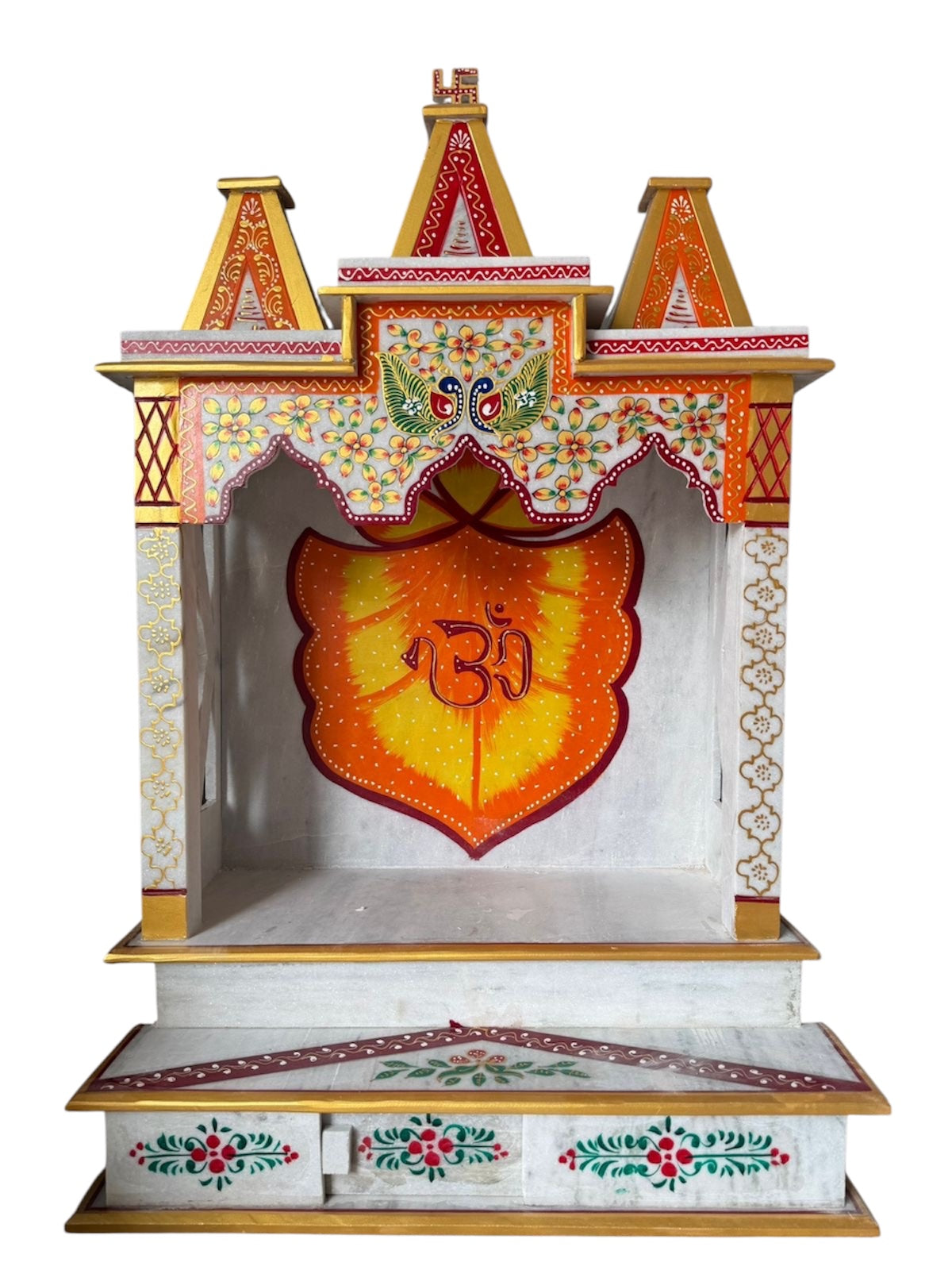 Handcrafted Marble Mandir with Om Symbol & Colorful Floral Artwork – Pooja Temple for Home