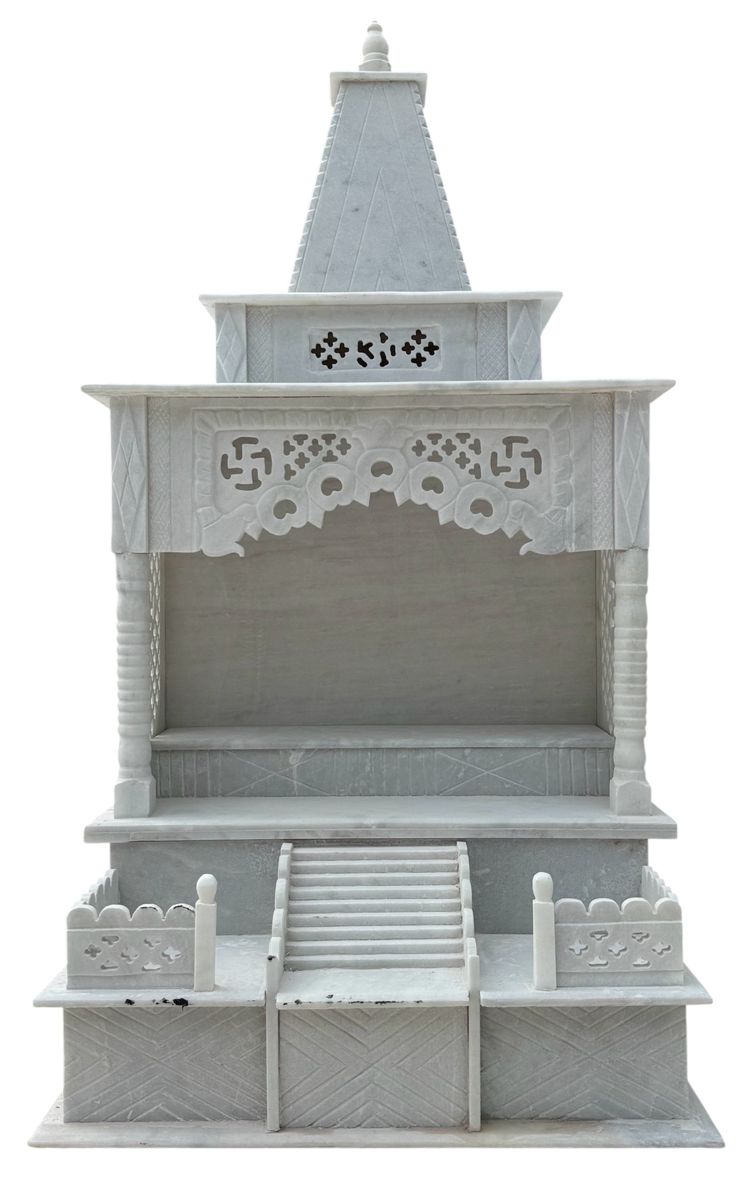 Handcrafted White Marble Mandir with Steps & Carved Pillars – Traditional Pooja Temple for Home
