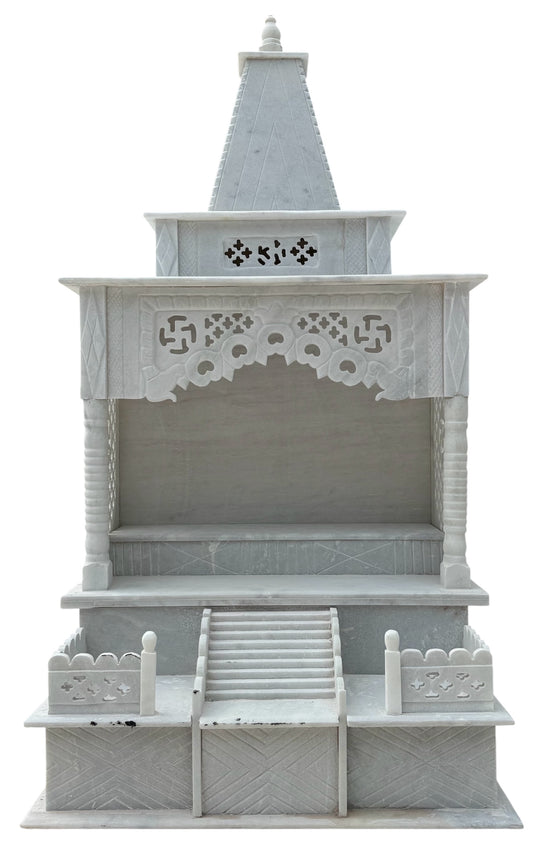 Handcrafted White Marble Mandir with Steps & Carved Pillars – Traditional Pooja Temple for Home
