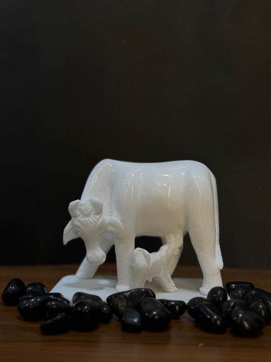 Handcrafted Marble Cow Statue – Kamadhenu Cow Idol for Home & Temple Décor by Stonex Handicrafts.