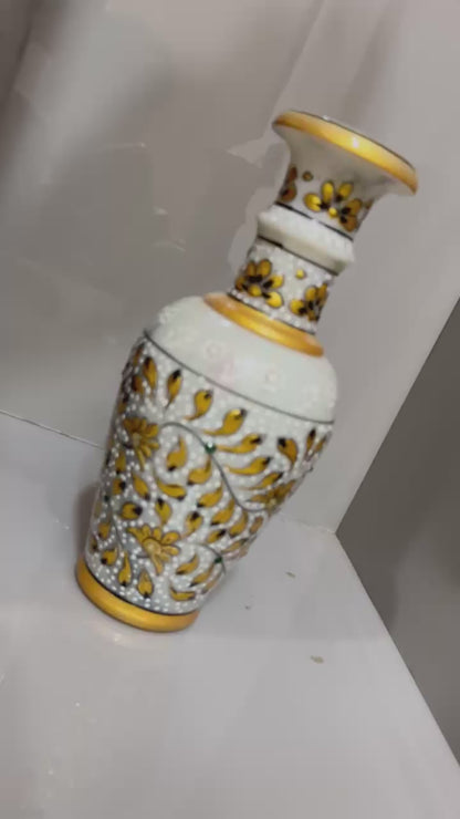 Handcrafted White Marble Flower Vase with Traditional Rajasthani Artwork - Stonex Handicrafts
